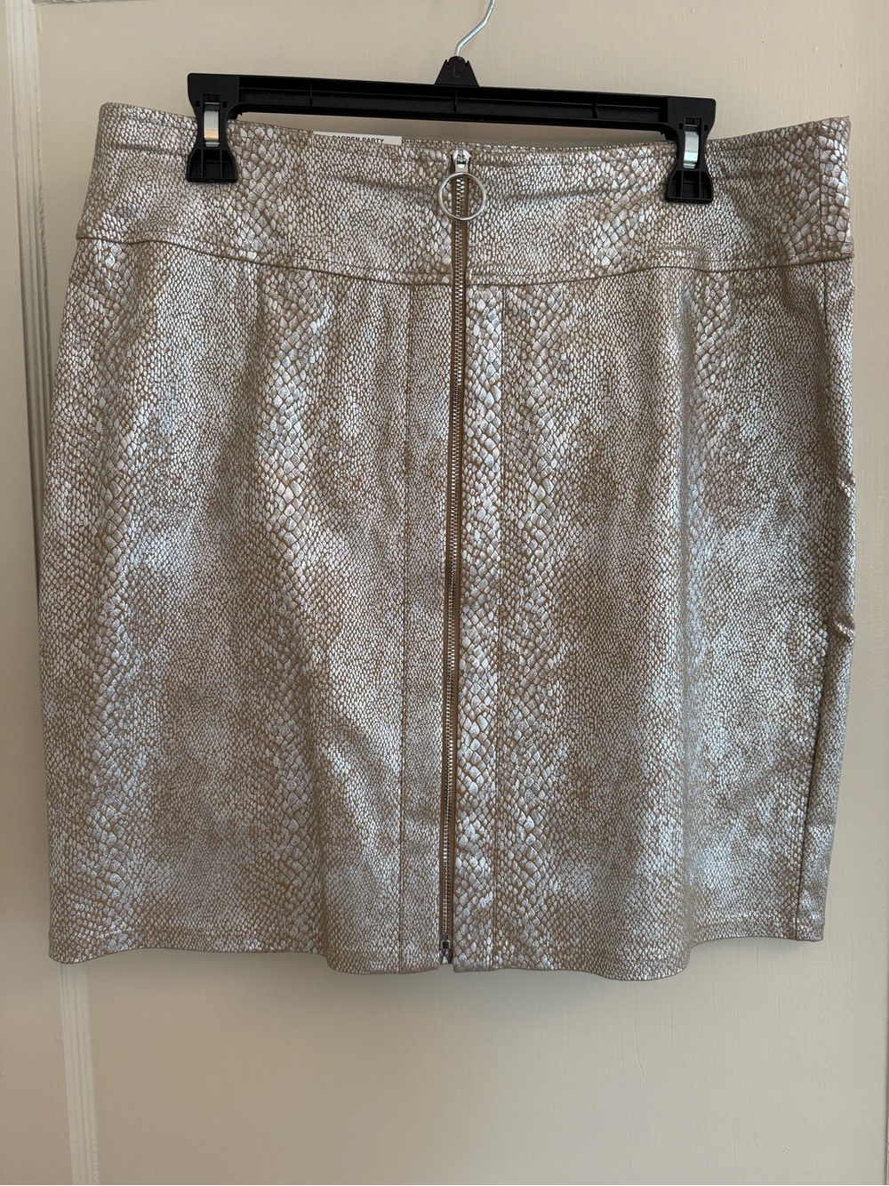 Metallic Taupe Snake-Print Mini Skirt with Front Zip